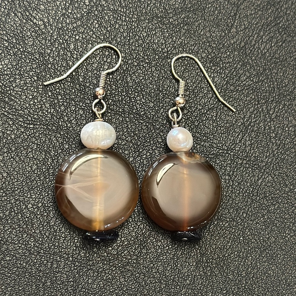 Freshwater Pearl, Banded Cornelian & Onyx 925 Sterling Silver Wire Back Earrings